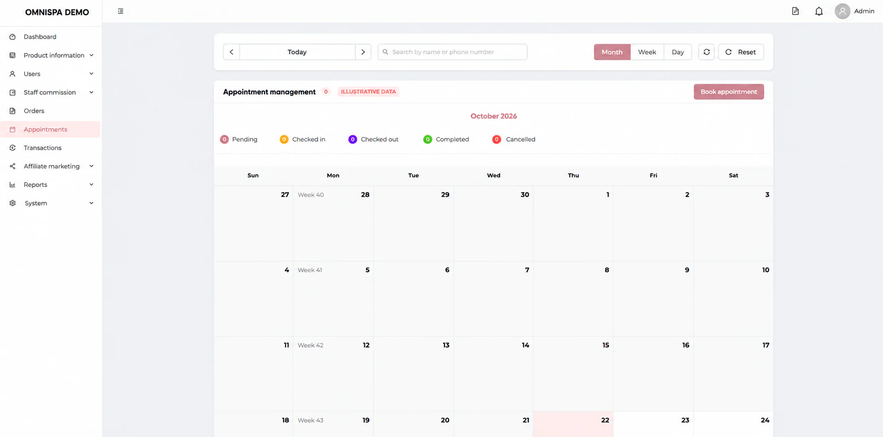 Sanitized OmniSpa monthly appointment calendar with an empty illustrative schedule