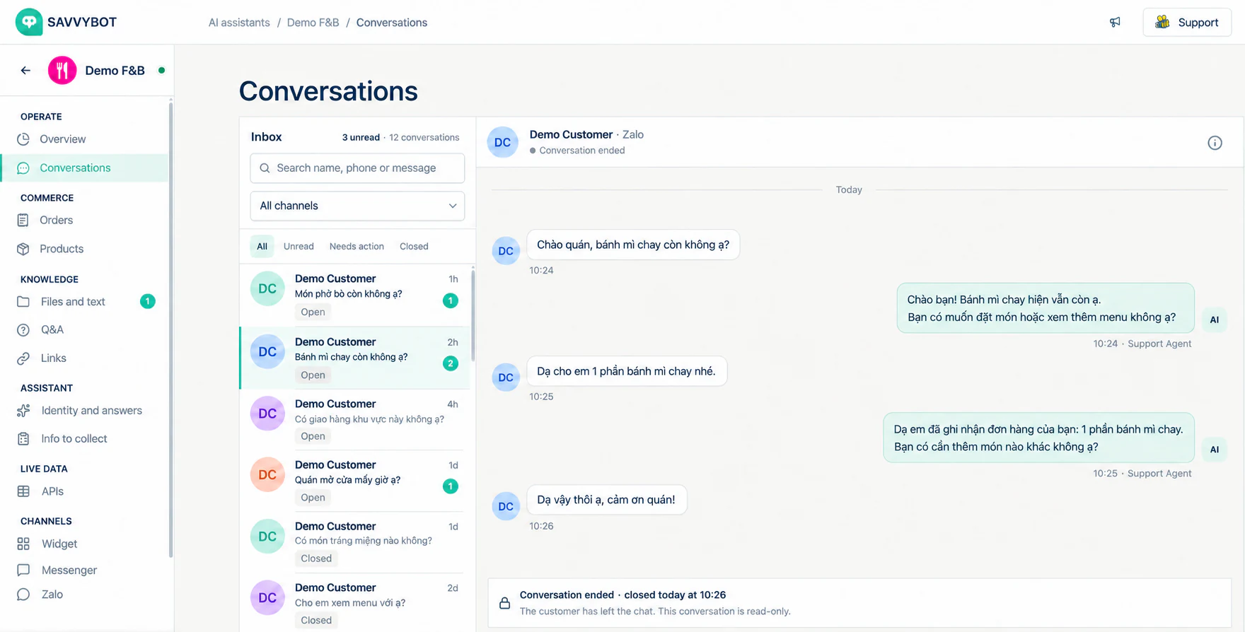 Reconstructed SavvyBot conversation interface with fictional F&B demo data