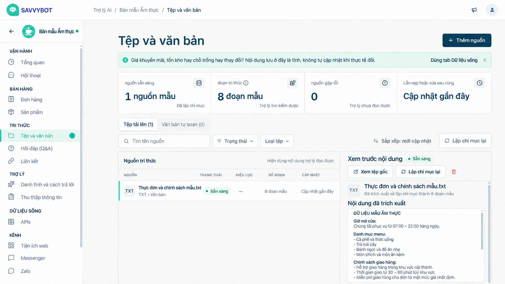 Không gian quản lý tri thức SavvyBot bằng tiếng Việt được tái dựng với dữ liệu F&B hư cấu
