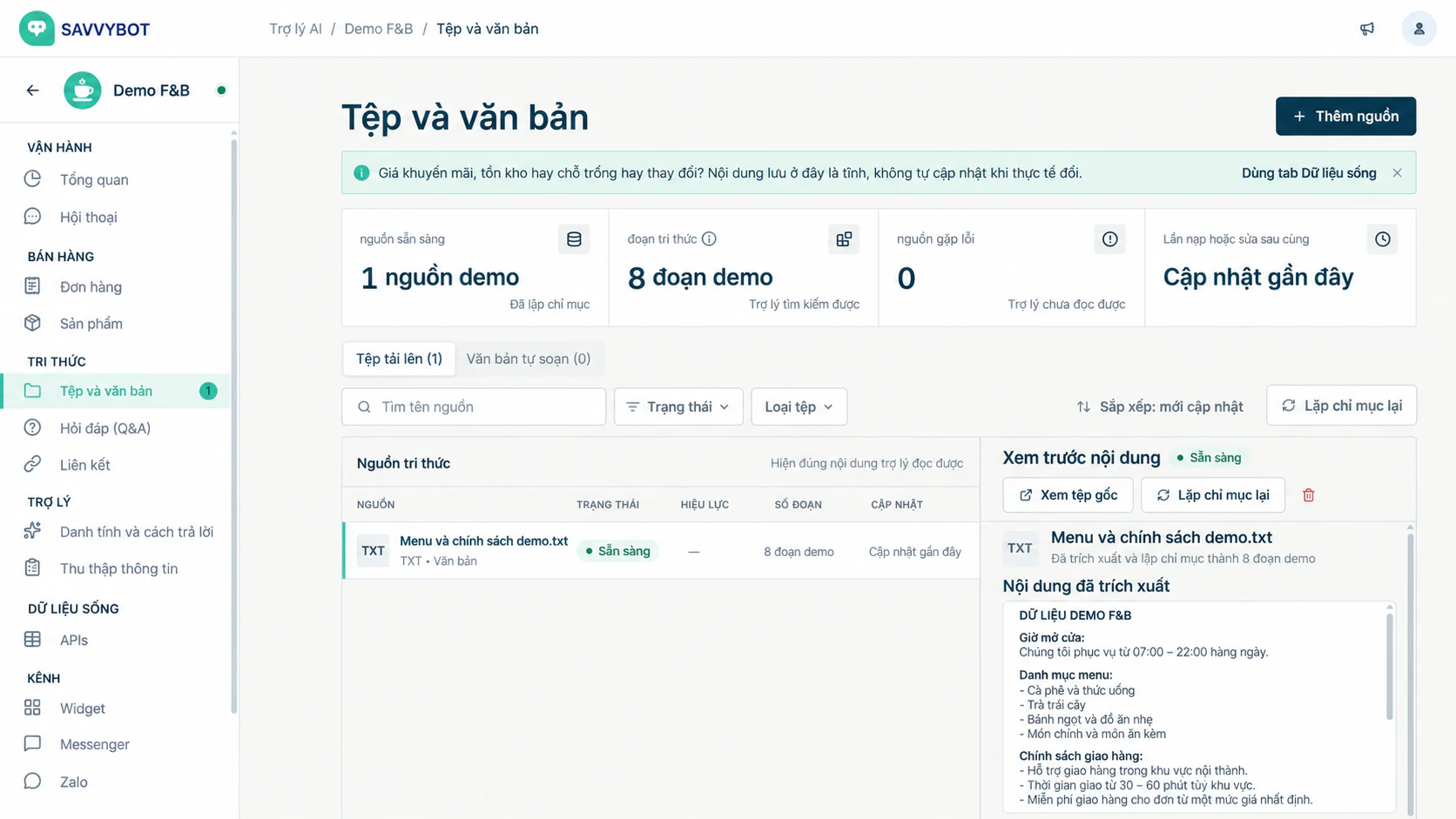 Reconstructed SavvyBot knowledge workspace with fictional F&B demo data
